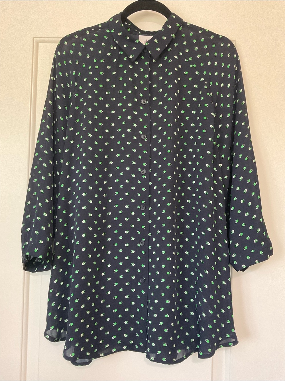 CAbi Navy Button-Down Shirt with Green Dot Print